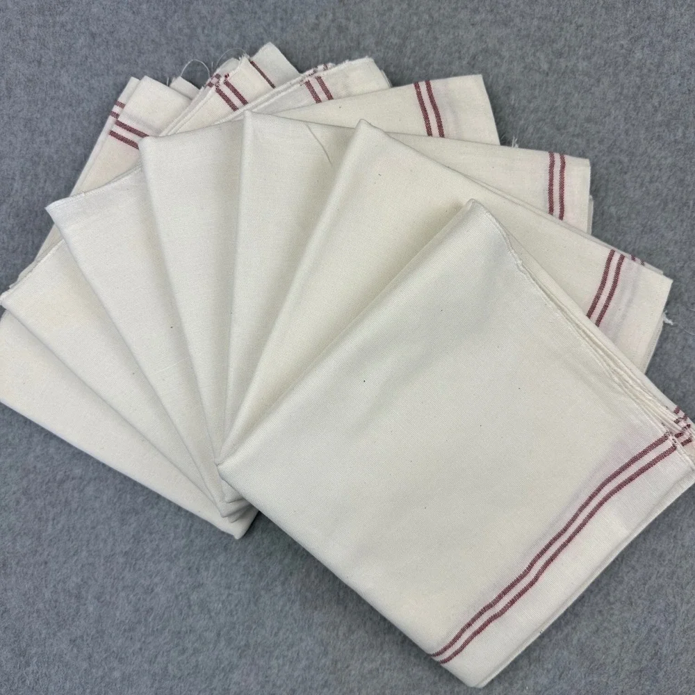 7PC Vtg Linen Farmhouse Tablecloths Bread Cloths Red Stripe 32x34 French Country